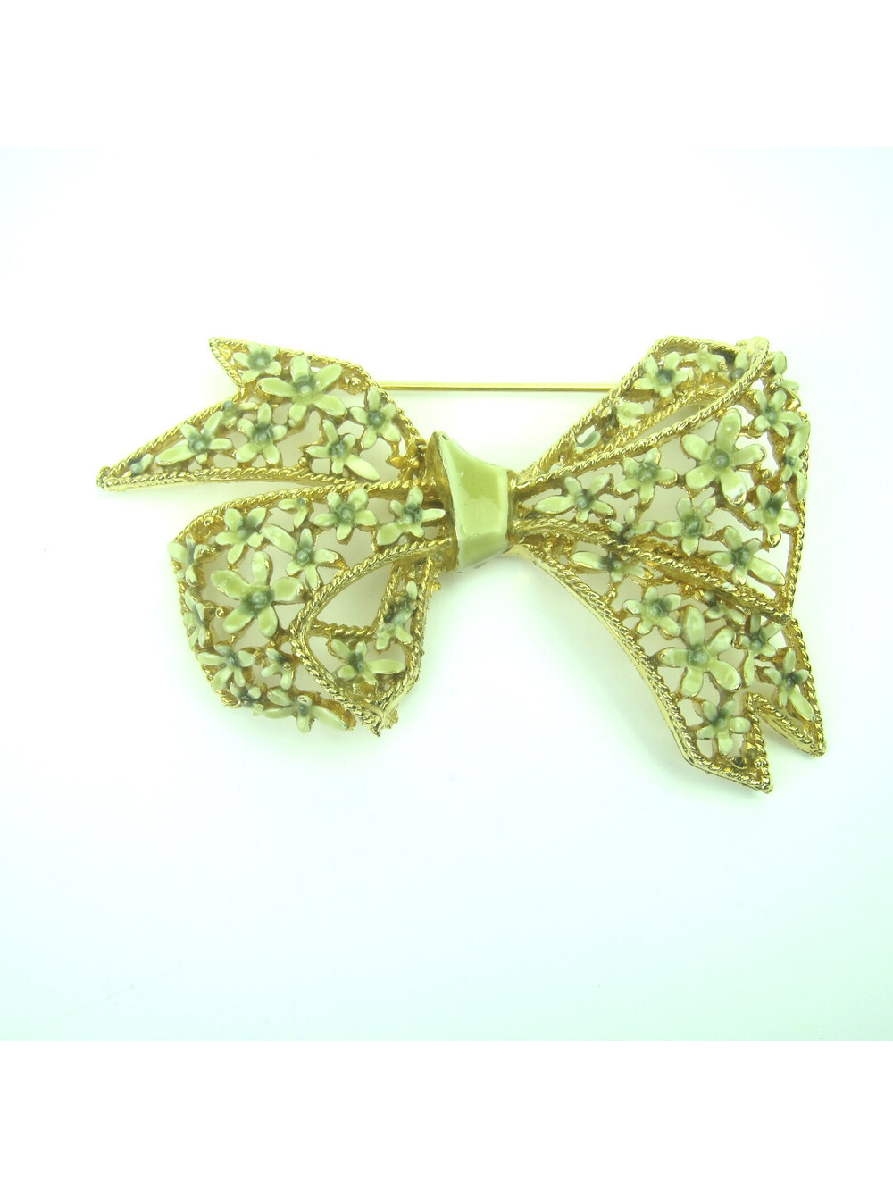 Vintage Ribbon Bow Pin Brooch Gold Tone Enamel Flower Accents 3" Mid-Century MCM